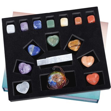 SUNYIK Natural Therapy Starter Healing Crystal Stone Kit, 7 Chakra Heart Stones, Polished Tumbled Stones, Selenite Crystal Wand, Ogone Pendant Necklace for Reiki Balancing Meditation