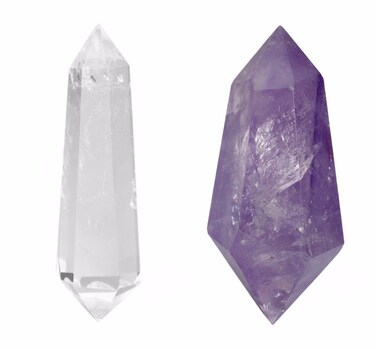 SUNYIK Rock Quartz 1.7"-3.3" /Amethyst 1.9"-2.9" 6 Facet Double Crystal Point Figurine Sphere Pack of 2