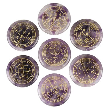 SUNYIK Round Engraved Archangels Gabriel Sigil Talisman Stone Set of 7, Pocket Worry Palm Stones for Healing Reiki Decoration Wicca Amulet, Amethyst