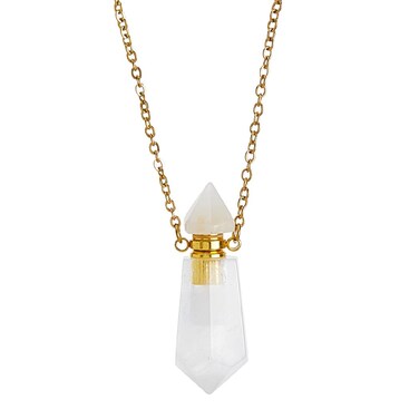 SUPERFINDINGS Natural White Quartz Stone Perfume Bottle Pendant Gemstone Crystal Perfume Bottle Essential Oil Necklace Diffuser Necklace Hexagonal Pointed Reiki Chakra Pendant for Woman Men