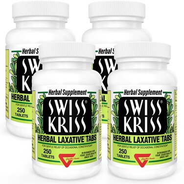 Swiss Kriss Herbal Laxative Tablets, Gentle &amp; Natural Laxatives for Constipation Relief for Adults &amp; Children over Age 6, Works in 6-12 Hours, Senna Laxative (Pack of 4-1000 Tablets Total)