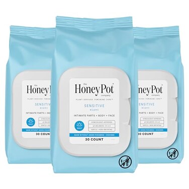 The Honey Pot Company - Feminine Wipes - Daily PH Balancing, Fragrance &amp; Sulfate Free Wipes for Intimate Parts, Body, or Face - Hygiene Products - Sensitive 30 ct (Pack 3)