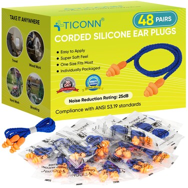 TICONN 48 Pairs Reusable Silicone Ear Plugs for Sleeping Noise Cancelling, 25dB NRR Corded Earplugs for Study Concentration Travel (48 Pairs)