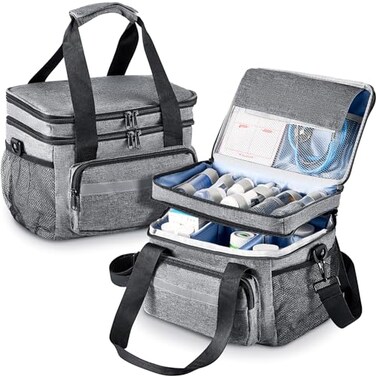 Timgle 1 Pack Double Layers Medicine Storage Bag Pill Bottle Organizer 11.4 x 7.9 x 9.5 in Empty First Aid Kits Bag with Shoulder Strap for Home Emergency Medication Fish Oil Vitamins