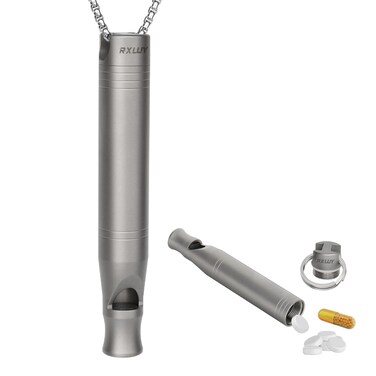 Titanium Emergency Whistle with Hidden Pill Holder Case, Portable Waterproof Fob Medicines Organizer 120db+ Survival Whistles Keychain Container for Outdoors, Camping, Travel EDC Accessories
