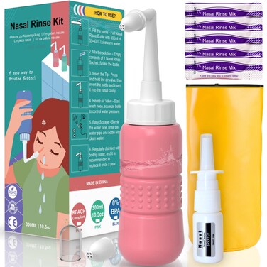 TONELIFE Sinus Rinse Kit with 5 Salt Packs, Sprayer-Bag - Neti Pots - Nasal Irrigation- BPA Free - Nasal Rinse Bottle for Sinus and Allergy Relief - Nose Wash,Pink