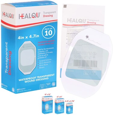 Transparent Film Dressing, 4" x 4 3/4" Box of 10 - Waterproof Wound Bandage Adhesive Patches, Post Surgical Shower or IV Shield, Tattoo Aftercare Bandage by Healqu