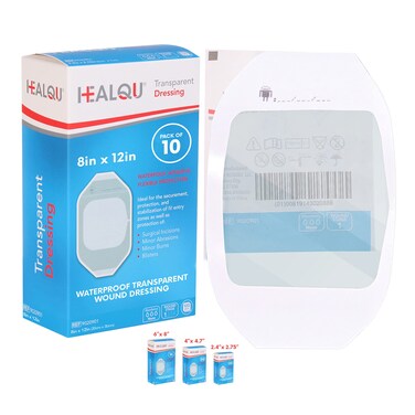 Transparent Film Dressing, 8" x 12" Box of 10 - Waterproof Wound Bandage Adhesive Patches, Post Surgical Shower or IV Shield, Tattoo Aftercare Bandage by Healqu
