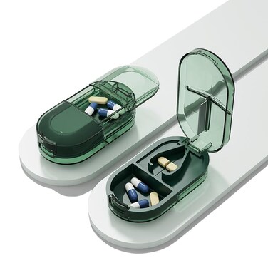 Travel Pill Organizer Cutter Box, 2 Compartments Daily Portable Pill Case Splitter, Small Vitamin Planner Sorter for Pocket Purse, Mini Medicine Supplement Fish Oil Capsule, Transparent Green