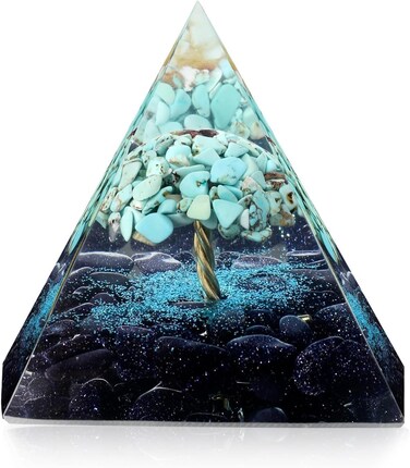 Tree of Life Turquoise Crystal Stone with Blue Sandstone Quartz Orgone Pyramid Reiki Charged for Protection Crystal Healing Meditation Energy Orgonite Pyramid
