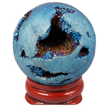 TUMBEELLUWA Druzy Agate Geode Gemstone Titanium Coated Aura Quartz Healing Crystal with Wood Stand Home Decoration,Sphere Ball Shape,Light Blue