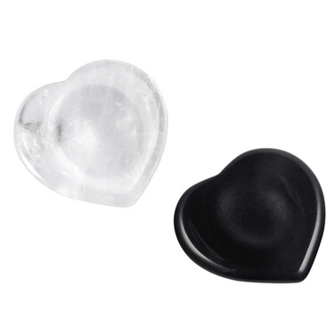 TUMBEELLUWA Pack of 2 Natural Healing Thumb Worry Heart Stones Crystal Pocket Gemstones Set for Chakra Balancing and Massage, Rock Quartz+Black Obsidian