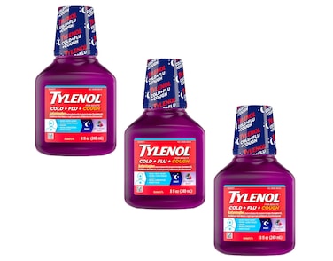 Tylenol Cold &amp; Flu Tylenol Cold + Flu + Cough Night Liquid Medicine with Acetaminophen, Wild Berry, 8 Fl. Ounce, 8.0 Fl Ounce (Pack of 3)