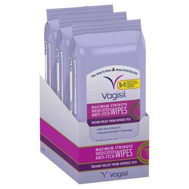 Vagisil Wipes, Anti-Itch Medicated Feminine Vaginal Wipes, Maximum Strength, Instant Relief, 20 Wipes (Pack of 3)