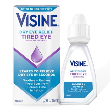 Visine Dry Eye Relief Tired Eye Lubricant Eye Drops, Moisturizing &amp; Soothing Sterile Drops for Irritated, Dry &amp; Tired Eyes Due to Screen Time Irritation, Polyethylene Glycol, 0.5 fl. Oz (Pack of 3)