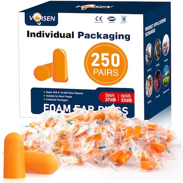 VOISEN Ear Plugs, 250 Pairs Ear Plugs for Sleeping, 32dB NRR 37dB SNR Ear Plugs Noise Cancelling for Snoring, Studying, Loud Events, Traveling &amp; Concerts, Individual Package