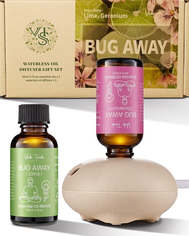 VTS Pure Natural Essential Oils Set with Waterless Diffuser, Aromatherapy Oils Blends for Home, Office, Bedroom, Bathroom (1 fl.oz Geranium Scent Oil &amp; 1 fl.oz Lime Scent Oil &amp; Portable Diffuser)