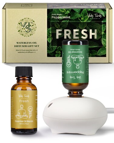 VTS Waterless Essential Oil Diffuser with Oils Set, Pure Peppermint Essential Oil Gift Kit for Aromatherapy Diffusers (1 fl.oz Peppermint Oil &amp; 1 fl.oz Fresh Essential Oil Blends &amp; Portable Diffuser)