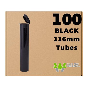 W Gallery 100 Black 116mm Open Cap Pop Top Tubes - Airtight Smell Proof Containers - Plastic Medical Grade Prescription Bottles for Pills Herbs Flowers Supplements, Bulk Pack, Not Glass Jars