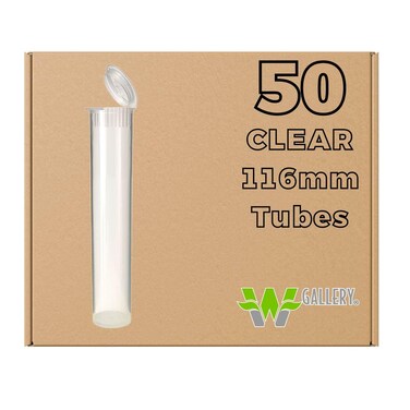 W Gallery 50 Clear 116mm OPEN CAP Pop Top Tubes - Airtight Smell Proof Containers - Plastic Medical Grade Prescription Bottles for Pills Herbs Flowers Supplements, Bulk Pack, Not Glass Jars
