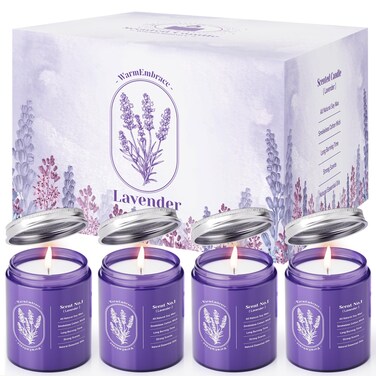 WarmEmbrace Lavender Candles for Home Scented, 30.4 oz Aromatherapy Candle, Purple Jar Candles, Natural Candles for Women, 160 Hour Long-Lasting Burn Scented Candles for Birthday - 4 Pack
