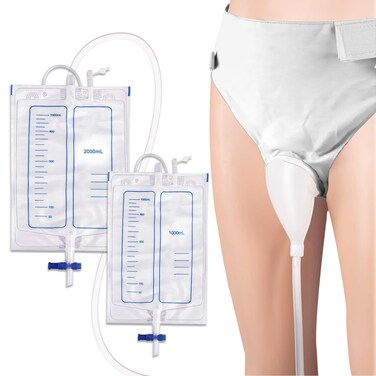 Wearable Urine Collection Set with 2 Drainage Bags (1000ml/2000ml), Reusable Silicone Urine 1.2M Catheter Bag for Men White