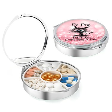 Weekly (7-Day) Pill Case, Medicine Planner, Vitamin Organizer Box, Portable Daily Pill Box with Compartments,Pocket Purse Metal Medicine Organizer Unique Gift,Black Cat