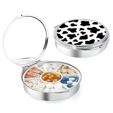 Weekly (7-Day) Pill Case, Medicine Planner, Vitamin Organizer Box, Portable Daily Pill Box with Compartments,Pocket Purse Metal Medicine Organizer Unique Gift,Cow Pattern