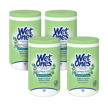 Wet Ones Antibacterial Eucalyptus &amp; Mint Hand Wipes, Canister  Antibacterial Wipes, Hand Sanitizer Wipes, Wet Ones Wipes, Soft Textured Wipes, Lightly Scented Wipes, 150 ct. (4 pack)