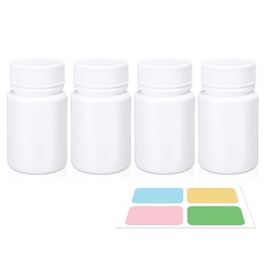 White Pill Bottle, Empty Medicine Bottles with Screw Caps for Pills Capsules Vitamins, Food Grade Plastic Medicine Containers with Labels for Travel (1.7oz/50ml, 4 Pcs)