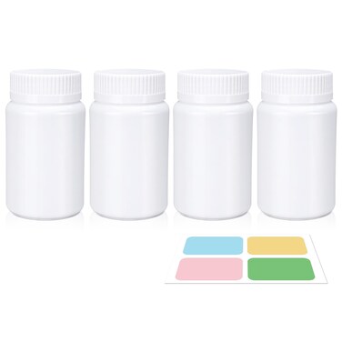 White Pill Bottle, Empty Medicine Bottles with Screw Caps for Pills Capsules Vitamins, Food Grade Plastic Medicine Containers with Labels for Travel (3.4oz/100ml, 4 Pcs)