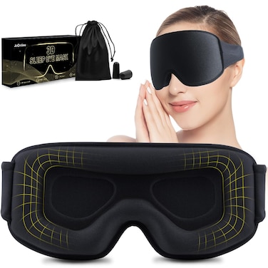 Widened 3D Sleep Mask for Big Head Lash Extensions, 100% Blackout Eye Mask for Sleep, Washable Soft Light Sleeping Mask with Adjustable Strap for Men, 0 Pressure Eye Cover with Earplug (Black)