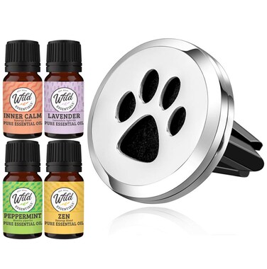 Wild Essentials Dog Paw Essential Oil Car Vent Diffuser Kit With Lavender, Lemongrass, Peppermint, Orange Oils, Stainless Steel Locket Pendant, 8 Refill Pads, Customizable Color Changing Air Freshener