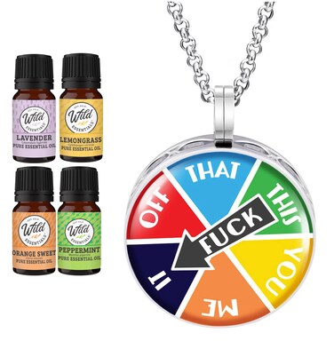 Wild Essentials F Wheel Essential Oil Diffuser Necklace Gift Set Aromatherapy Pendant, 24" Stainless Steel Chain, Refill Pads and 100% Pure Oils (Lavender, Peppermint, Lemongrass and Orange)