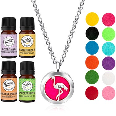 Wild Essentials Flamingo Necklace Essential Oil Diffuser Kit with Lavender, Lemongrass, Peppermint, Orange Oils, 12 Refill Pads, Calming Aromatherapy Gift Set, Customizable Color Changing, Perfume
