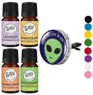 Wild Essentials I Believe In You Car Vent Essential Oil Diffuser Kit With Lavender, Lemongrass, Peppermint, Orange Oils, 8 Refill Pads, Calming Aromatherapy Gift Set, Customizable, Perfume