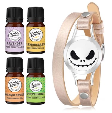 Wild Essentials Jack Skullington Essential Oil Leather Wrap Bracelet Diffuser Gift Set, Lavender, Lemongrass, Peppermint, Orange Oils, 12 Pads, Customize Color Changing Perfume Jewelry, Aromatherapy