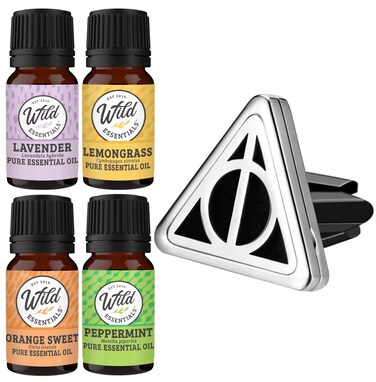 Wild Essentials Potter Hallows Essential Oil Car Vent Diffuser Kit with Lavender, Lemongrass, Peppermint, Orange Oils, Stainless Steel Locket Pendant, 8 Refill Pads, Color Changing Air Freshener