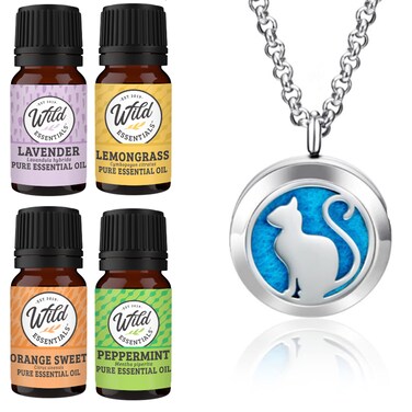 Wild Essentials Pretty Kitty Cat Necklace Essential Oil Diffuser Kit, Lavender, Lemongrass, Peppermint, Orange Oils, 12 Refill Pads, Calming Aromatherapy Gift Set, Customizable Color Changing, Perfume