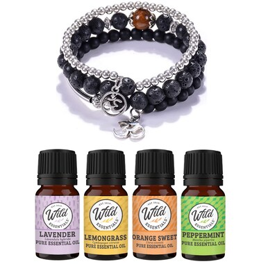 Wild Essentials Triple Band Namaste Lava Stone Essential Oil Diffuser Wrap Bracelet, Expands to any size, Aromatherapy Jewelry Gift Set and 100% Pure Oils (Lavender, Lemongrass, Orange, Peppermint)