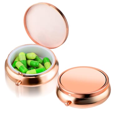 WLLHYF Pill Box Cute Small Pill Box for Purse &amp; Pocket Medicine Organizer Travel Pillbox Waterproof Pill Case Metal Pill Container Holder for Vitamins, Fish Oil, Supplements (Rosegold)