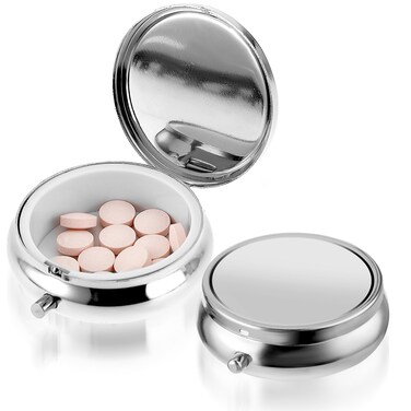 WLLHYF Pill Box Cute Small Pill Box for Purse &amp; Pocket Medicine Organizer Travel Pillbox Waterproof Pill Case Metal Pill Container Holder for Vitamins, Fish Oil, Supplements(Silver)