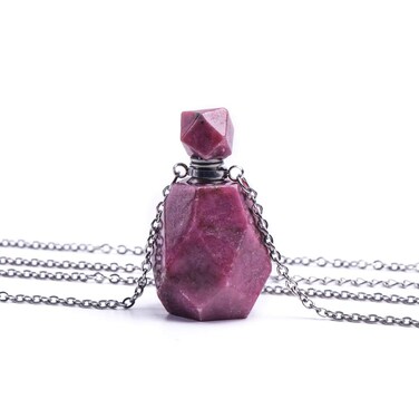 Women Long Necklace Natural Crystal Gemstone Aroma Essential Oil Diffuser Perfume Bottle Necklace Pendant for Women Irregular Unpolished Jewelry (Rhodonite)