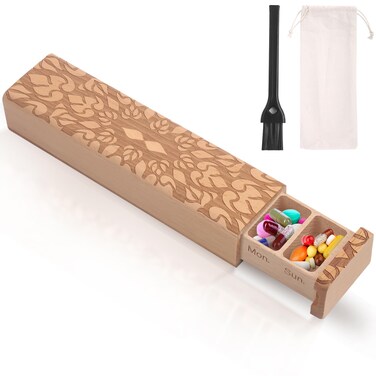 Wooden Weekly Pill Organizer 1 time a Day -Daily Pill Box 7 Day, Medication Organizer, Safe Travel 7 Day Pill Container, Travel Pill Case Perfect for Tracking Weekly (Light Wood)