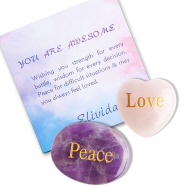 Worry Stones for Anxiety - Inspirational Gift Set with Amethyst &amp; Rose Quartz Crystals for Women, Cool Birthday or Sobriety Gift