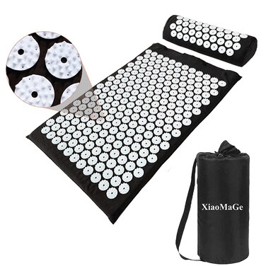 XiaoMaGe Acupressure Mat and Pillow Set with Bag - Large Size 28.7 X 16.5 inch Acupuncture Mat for Neck &amp; Back Pain, Muscle Relaxation Stress Relief, Sciatica Pain Relief Pillow (Black)
