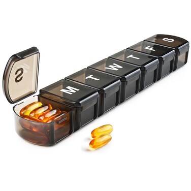 XL Weekly Pill Box Organizer 7 Day, 1 Week Jumbo Pill Dispenser Case One Time a Day, MOLN HYMY Daily Medicine Container to Hold Medication, Vitamins, Fish Oils and Supplements (Black