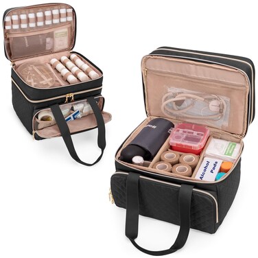 Yarwo Double Layers Medicine Pill Bottle Organizer Empty, Lockable Medication Travel Storage Bag with 5 Customized Dividers for Emergency Home Outdoor First Aid Supplies, Black