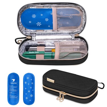 Yarwo Insulin Cooler Travel Case with 2 Upgraded Ice Packs for 6-8h Cooling Time, Insulated Diabetic Medication Cooler Organizer Bag for Insulin Pens and Other Diabetes Care Supplies, Black