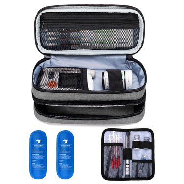 Yarwo Insulin Cooler Travel Case, Double-Layer Diabetic Travel Case with 2 Ice Packs, Diabetic Supplies Organizer for Insulin Pens, Blood Glucose Monitors or Other Diabetes Care Accessories, Gray